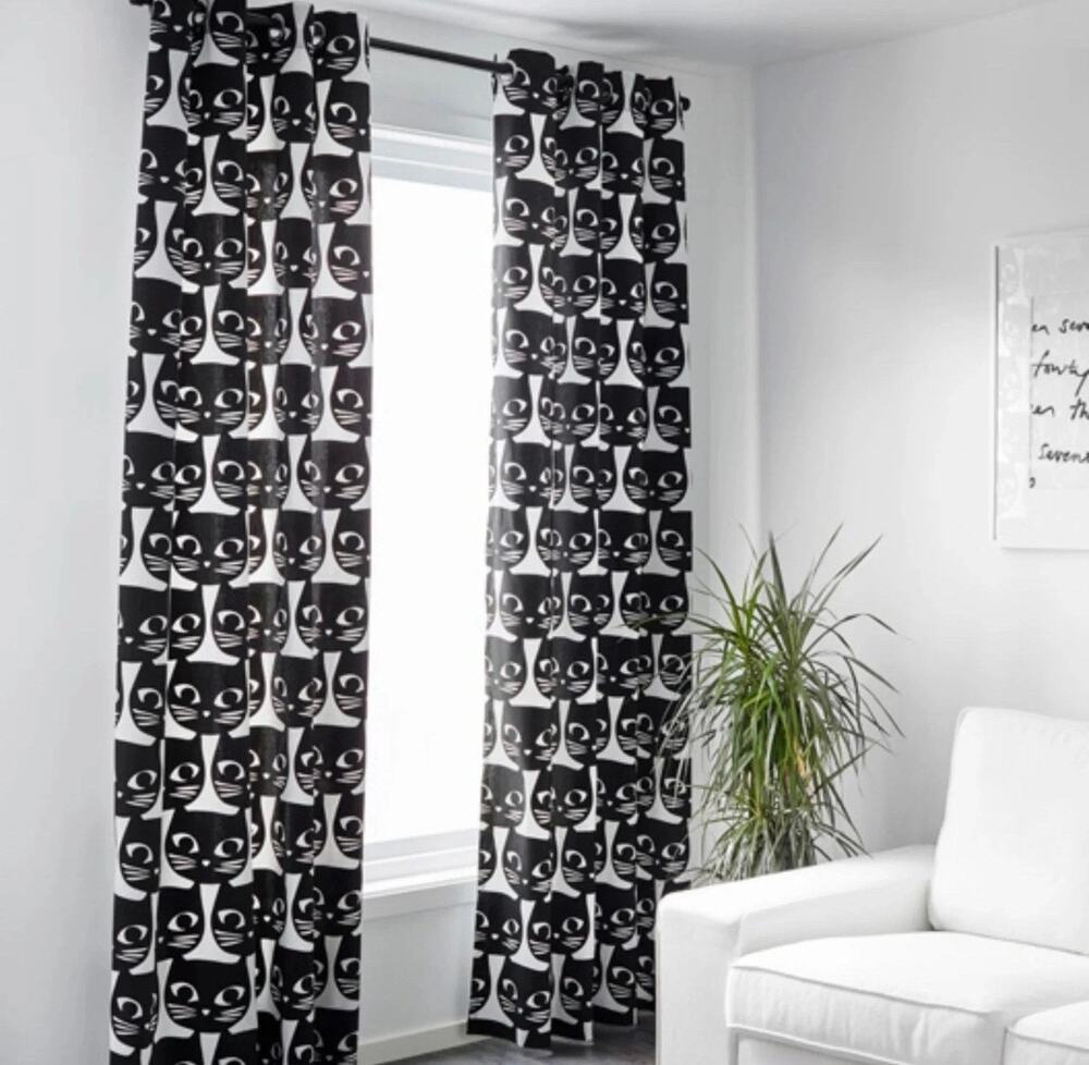 IKEA Mattram black cat set of 2 curtain panels 57x98 and long pillow catlady fun